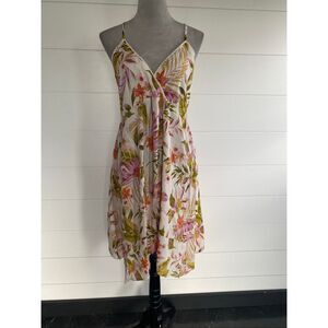 Angie Floral Spaghetti-Strap Summer Dress - Pink & Green handkerchief cut Sz L